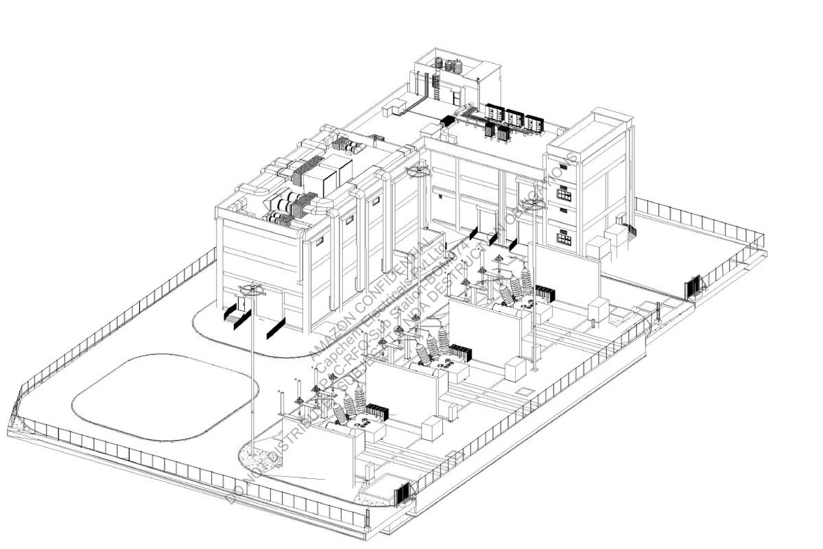 Isometric 3D model of a substation building, equipment and pipework produced during design.