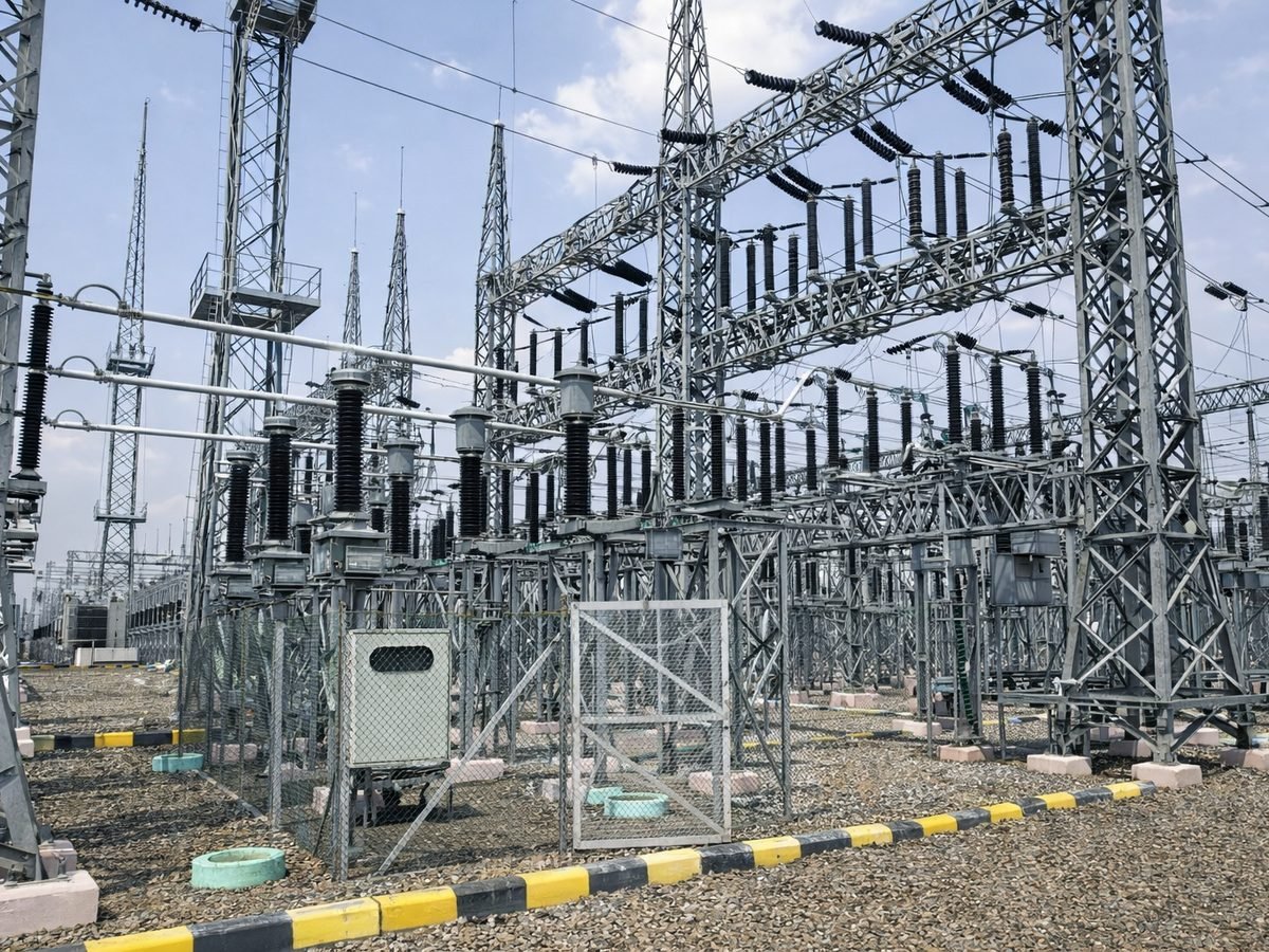 Steel gantry structures, busbars and isolators in an outdoor high-voltage switchyard.